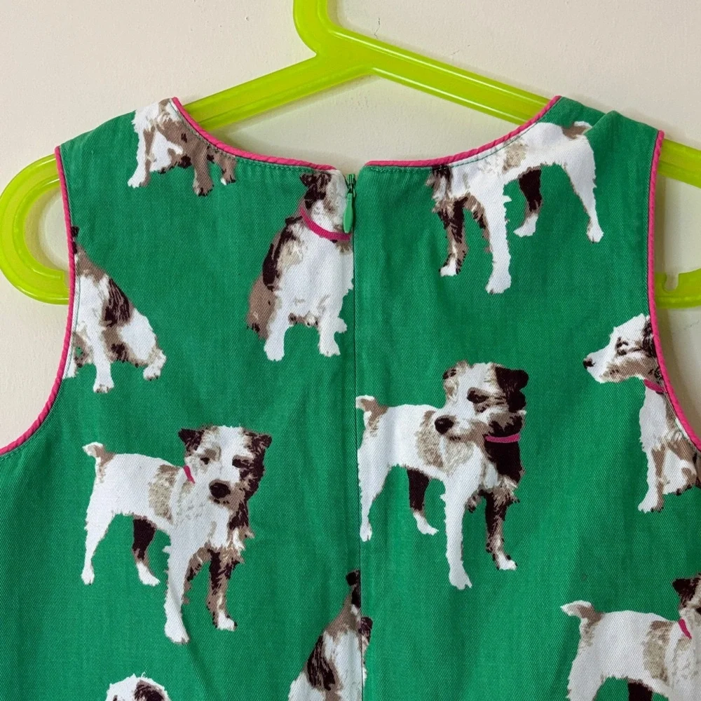Mini Boden Green Dog Print Dress 6-7 Cute Puppy Dress Sleeveless A-line EUC